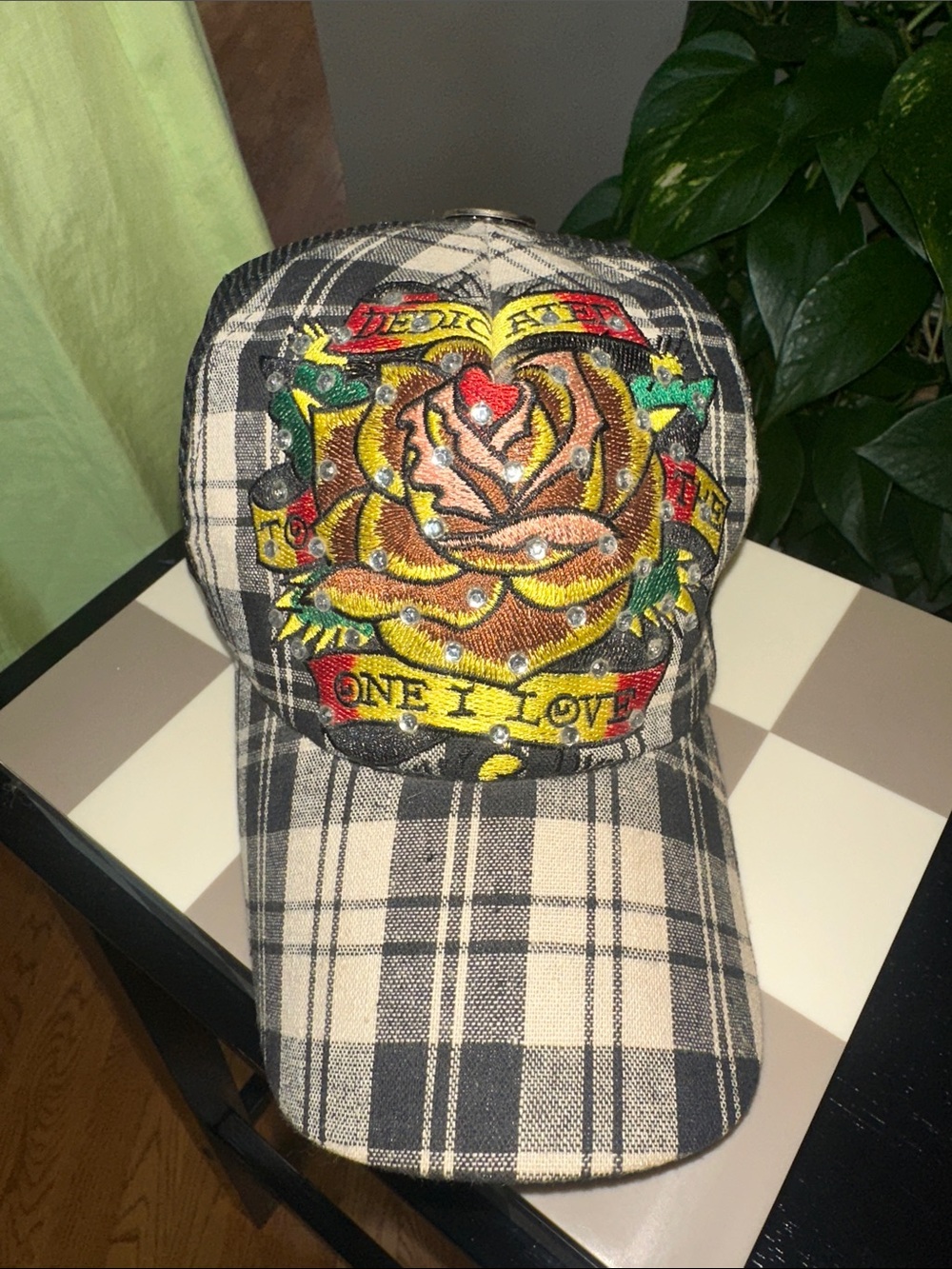 Ed Hardy Dedicated to the one I love Plaid Cap with Embroidered Rose and bling